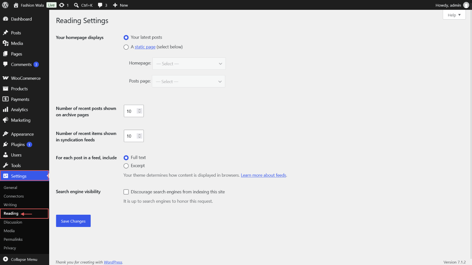 Reading settings in the WordPress dashboard
