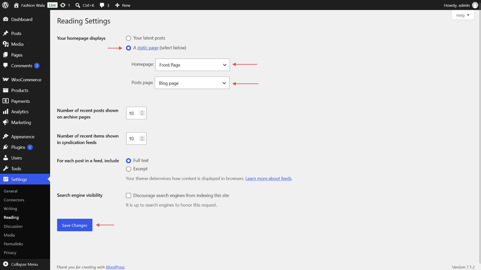 Selecting a static page as the homepage