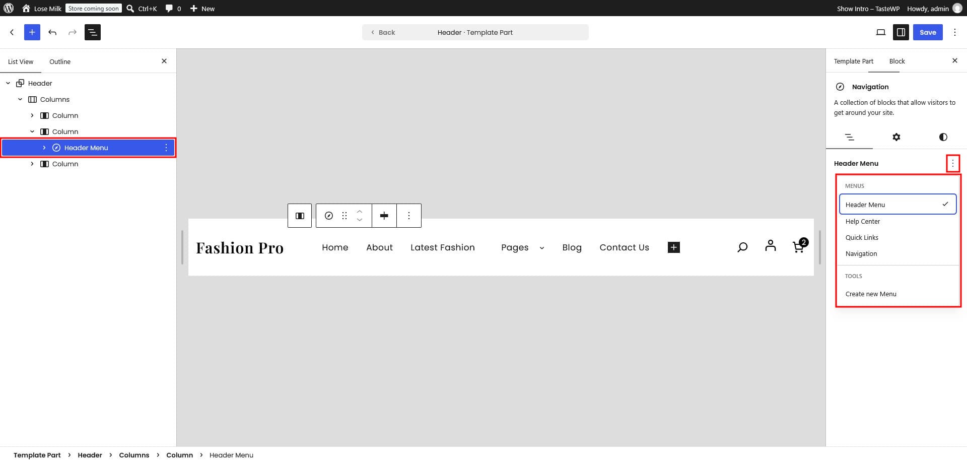 Editing menu links