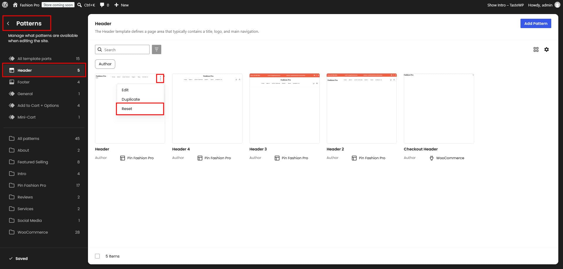Resetting a template to default